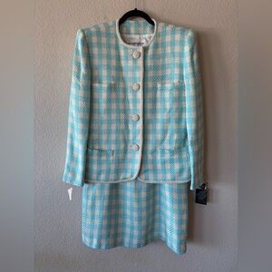 ALBERT NIPON Cream Blue Tweed 2pc‎ Suit Jacket + Skirt Set 14 NWT Vintage